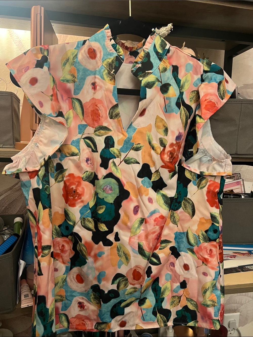 Floral Ruffle Sleeve V-Neck Top - Pink Multi